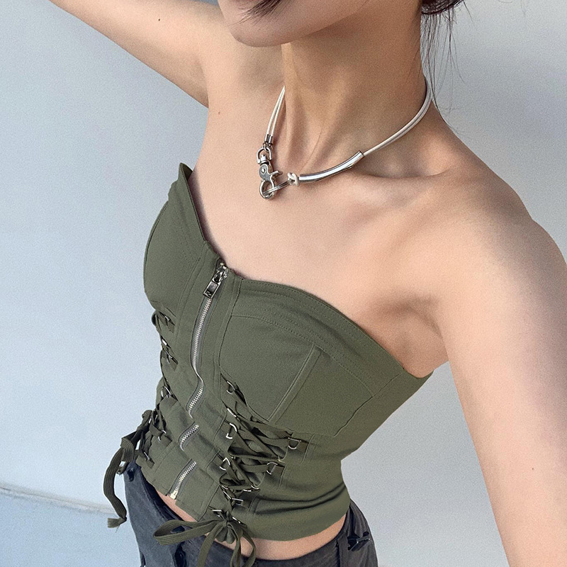 Women Edgy Sexy Color-Blocking Cross-Strap Tube Top Vest Tooling Style Inner And Outer Wear Short Crop Top