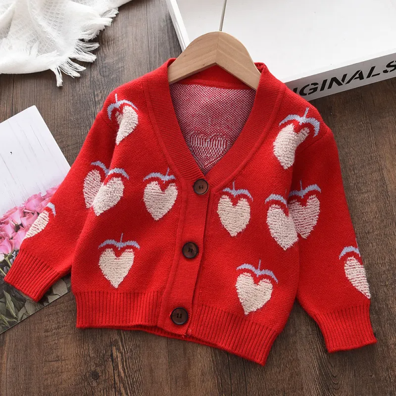 Children Kids Toddlers Girls Long Sleeve Cute Cartoon Fruit Pattern Knitted Cardigan