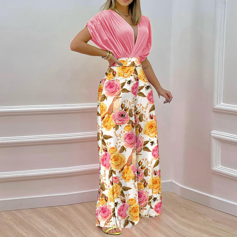 Women Elegant Solid Color Top And Floral Printed High Waist Wide Leg Pants Two Pieces Office Chic Set