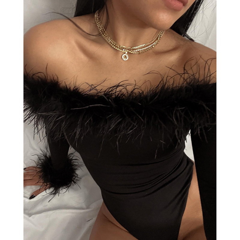 Women Fashion Elegant Solid Color Feather Plush Off-Shoulder Long Sleeve Tight Bodysuit