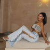 Women Fashion Sexy Side Slit Rhinestone Chain Bandage Denim Wide-Leg Pants