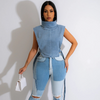 Women Fashion Turtle Neck Sleeveless Denim Top