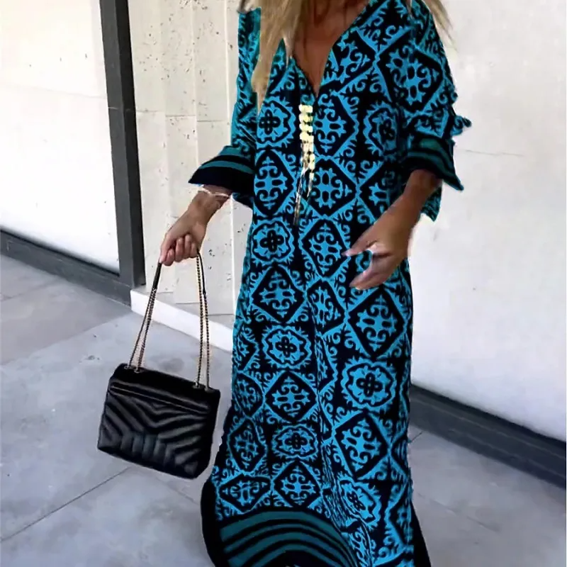 Ramadan /Eid Women Casual Boho Style Geometry Stripe Print Long Sleeve V Neck Loose Maxi Dress