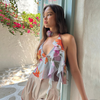 Women Fashion Summer Vacation Floral Tie Dye Print Backless Ruffled Halter Top