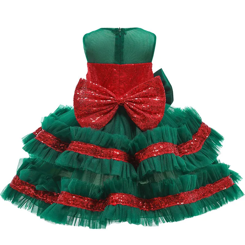 Kids Toddler Girls Fashion Party Cute Sweet Christmas Color Sequins Bow Pleated Sleeveless Mesh Party Tutu Dress