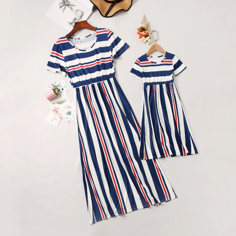 Fashion Striped Mother-Daughter Casual Short Sleeve Family Matching Maxi Dress