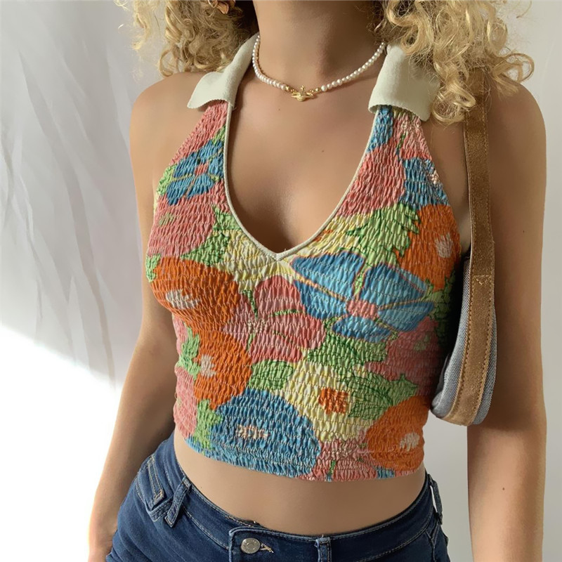 Sexy Deep V Lapel Halter Backless Women Floral Printed Pleated Crop Top