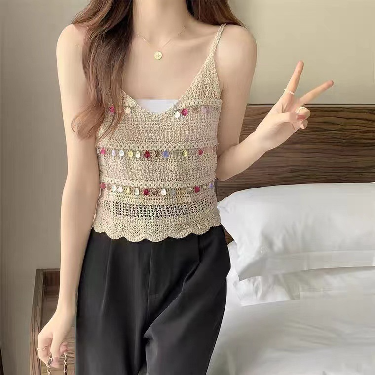 2 Pieces Women Summer Fashion Crochet Cropped Hollow Suspenders Top