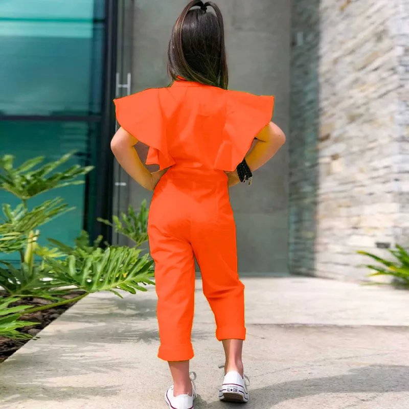 Children Kids Toddlers Girls Solid Color Ruffle Sleeve Jumpsuit