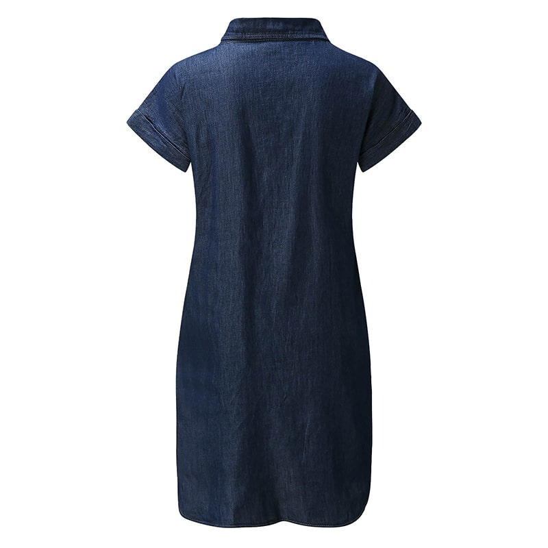 Women Lapel Single-Breasted Short Sleeve Denim Dress