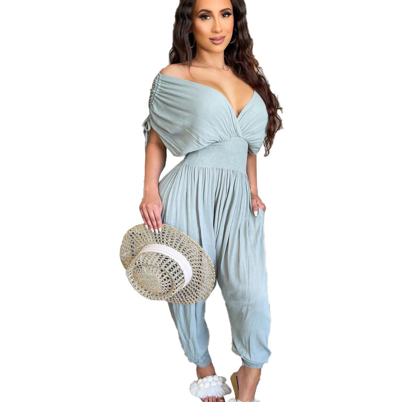 Women Solid Color V-Neck Pleated Short-Sleeved Waist Loose Casual Jumpsuit