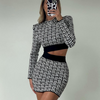 Women'S Fashion Graphic Print Stand Collar Long-Sleeved Cropped Tops Slim Fit Skirt Sets