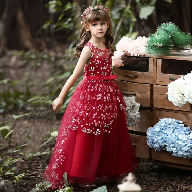 Children'S Clothing Children'S Dress Large Girl'S Lace Floral Bow Small Tail Flower Girl Princess Dress