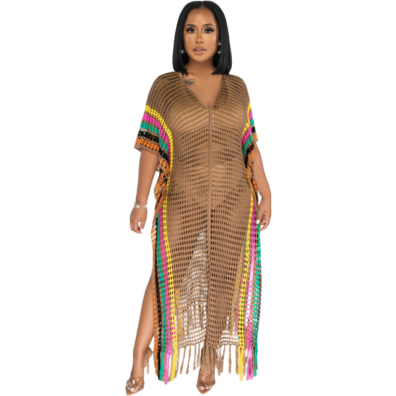 Women Summer Vacation Rainbow Color V Neck Hollow Knitted Tassel Coverup