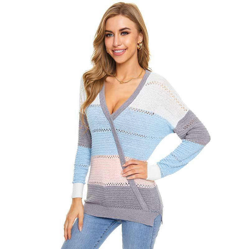 Women Casual Loose V-Neck Color Blocking Knitted Sweater