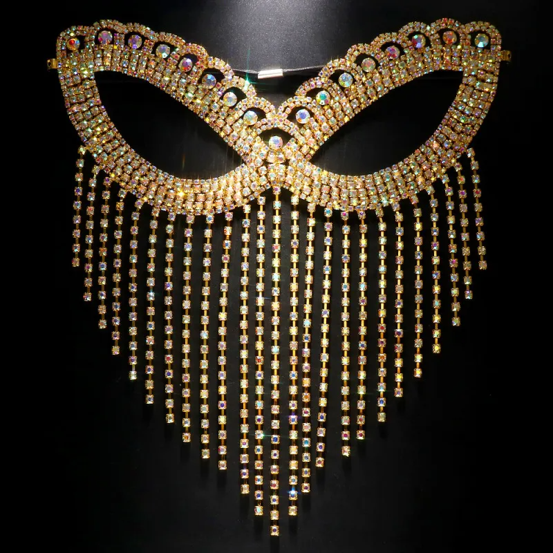 Sexy Long Tassel Evening Party Shiny Face Rhinestone Mask