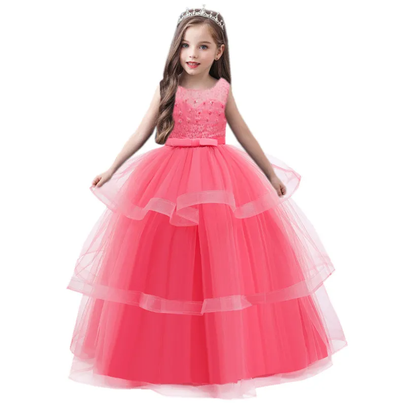 Kids Toddler Big Girls Fashion Party Cute Sweet Floral Solid Color Pearl Pleated Sleeveless Mesh Party Tutu Dress