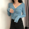 2 pieces Women Fashion Slim-Fit Sexy V-Neck Long Sleeve Knitted Base Shirt