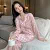 Cozy Pajamas Women Plaid Ice Silk Long-Sleeved Two-Piece Sleep Loungewear