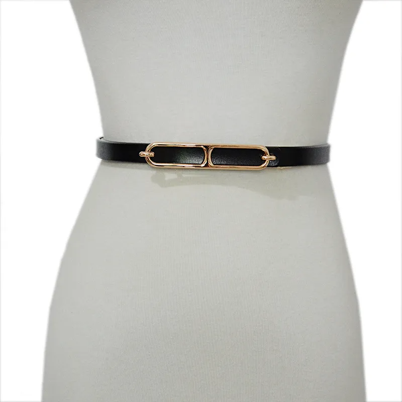 Women'S Casual Fashion Alloy Rectangular Snap Buckle Genuine Leather Thin Belt