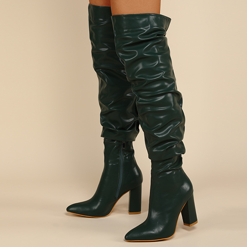 Women Fashion Irregular Creased Chunky Heel Side Zipper PU Over The Knee Boots