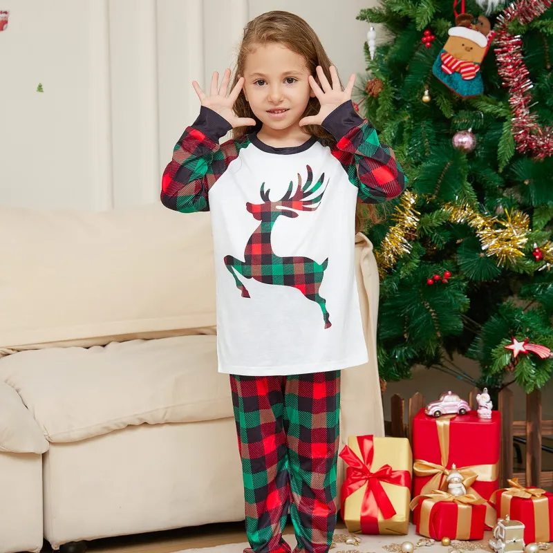 Christmas Fashion Cartoon Elk Plaid Print Parent-Child Pajamas Set