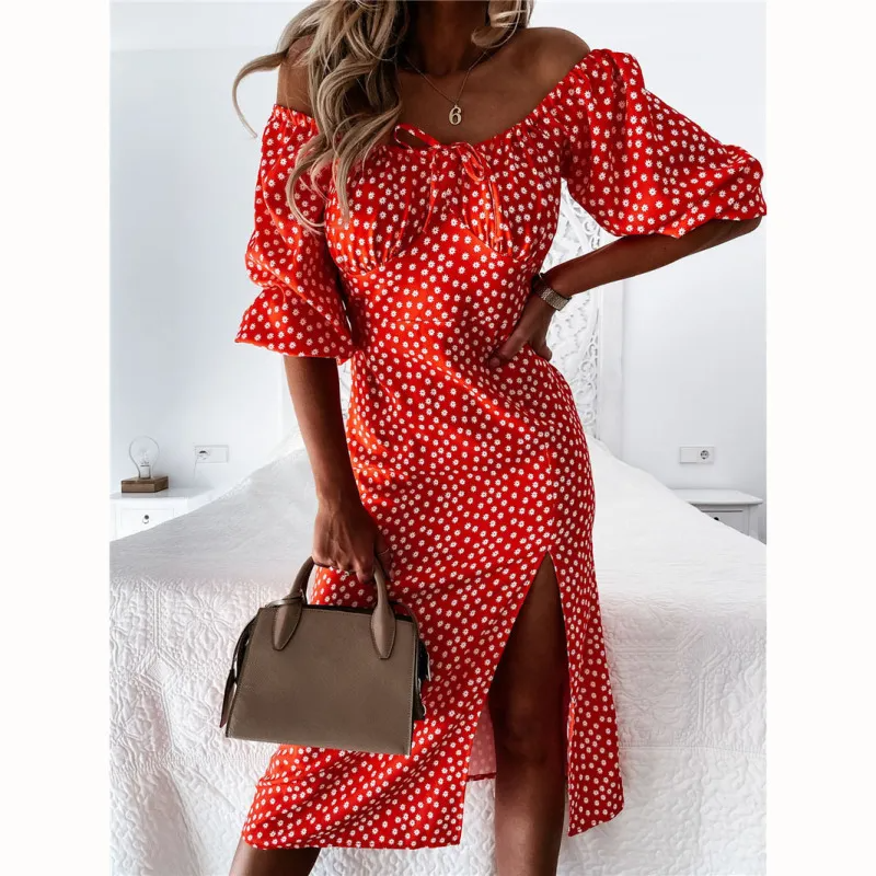 Women Fashion Sexy Dot Print Split Dress