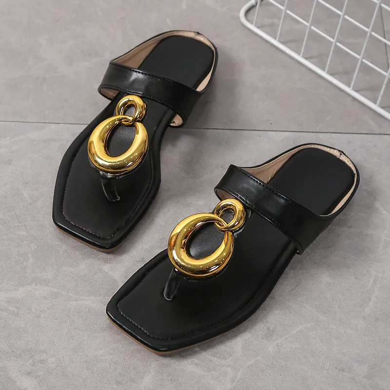 Women Fashion Plus Size Casual Metal Decorative Square Toe PU Flat Thong Slippers