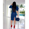 Women Fashion Eelgant Solid Puff Sleeve Square Neck Denim Dress