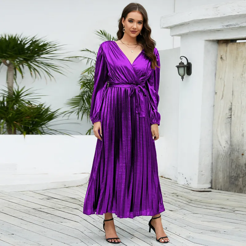 Women Elegant Plain V-Neck Pleated Long Sleeve Maxi Dress