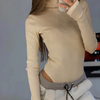 Women Slim-Fit Knitted High-Necked Long-Sleeved Solid Color Basic Rib-Knit Bodysuit