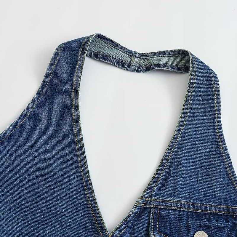 Women Fashion Sexy Halter Neck Backless Distressed Denim Vest