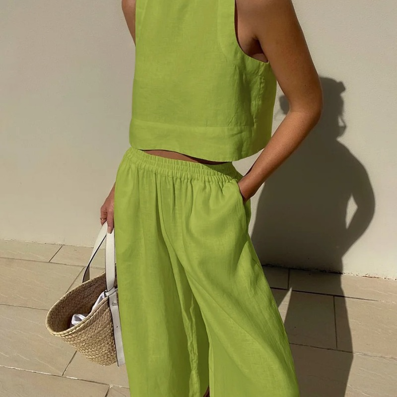 Women Summer Vacation Casual Loose Solid Color Sleeveless Top Wide Leg Pants Two Piece Set