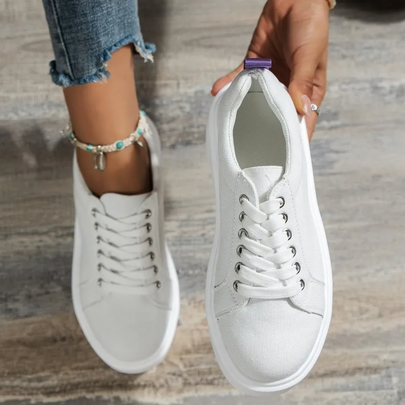 Women Fashion Plus Size Solid Color Round-Toe Lace-Up Thick-Soled Sneakers