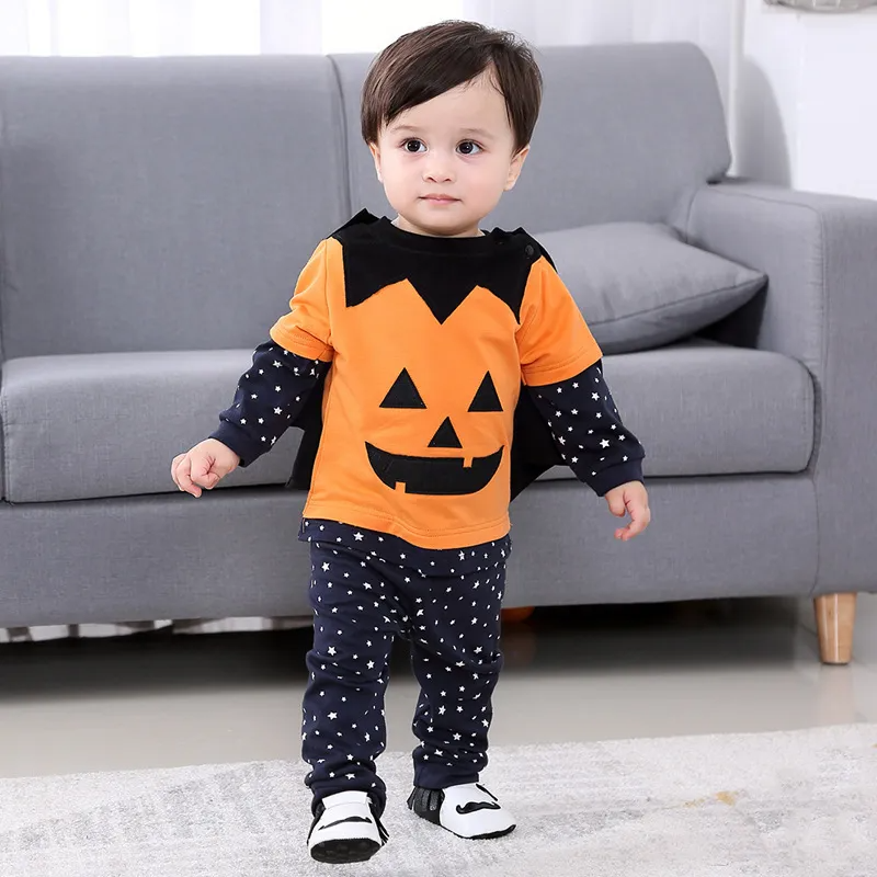 Kids Baby Girls Boys Autumn Winter Fashion Casual Cute Halloween Cotton Pumpkin Bat Round Neck Bodysuit Set