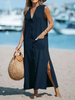 Women Fashion Casual Solid Color V-Neck Single-Breasted Sleeveless Slit Dress