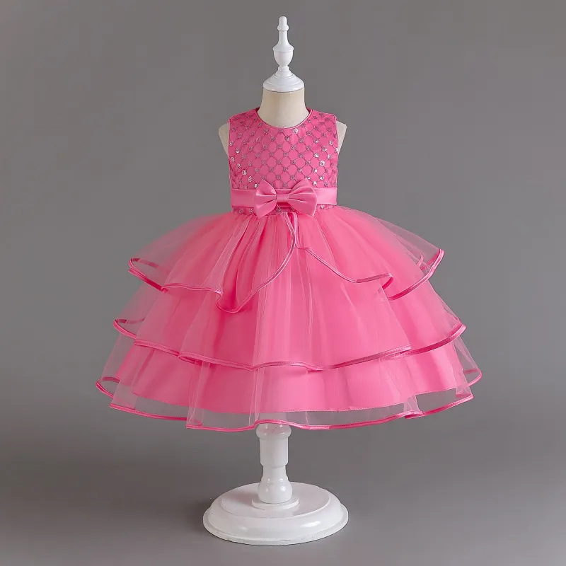 Kids Toddler Big Girls Summer Fashion Party Cute Sweet Solid Color Sequins Bow Pleated Sleeveless Mesh Party Tutu Dress