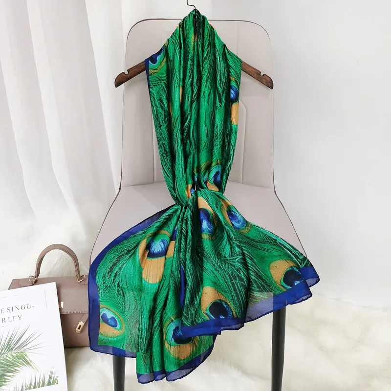 (Buy 1 Get 1) Women Fashion Peacock Feather Print Silk Scarf