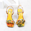 Women Fashion Sexy PU Rhinestone Floral Printed Square Toe Chunky Heel Sandals