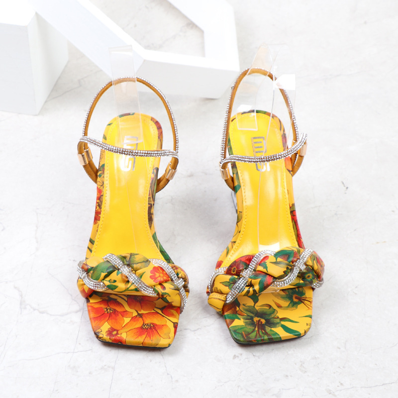 Women Fashion Sexy PU Rhinestone Floral Printed Square Toe Chunky Heel Sandals