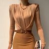 Women Autumn Winter Elegant Wolid Color V Neck Long Sleeve Padded Bodysuit