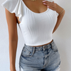 Petal Sleeve Fashion Solid Color Women Round Neck Basic Rib-Knit Top