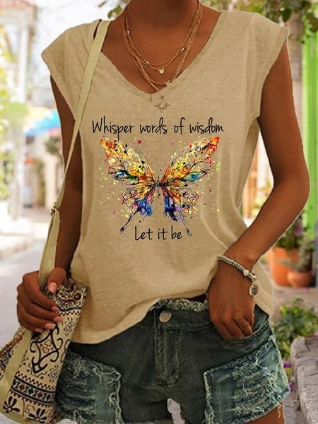 Fashion Sleeveless Butterfly Print Casual V-Neck Women'S Blouses