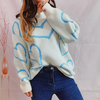 Winter Fashion Romantice Valentine Round Neck Heart Color Contrast Loose Jacquard Pullover Knitted Sweater