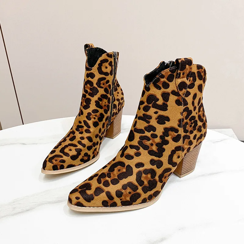 Women Fashion Plus Size Leopard Print Pointed Toe Chunky Heel Short Boots