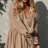 Women'S Fashion Casual Boho V-Neck Lace-Up Lantern Sleeves Double Ruffled Dress