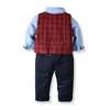 4 Pcs Set Boy Red Plaid Print Vest And Blue Shirt And Pant With Bowtie