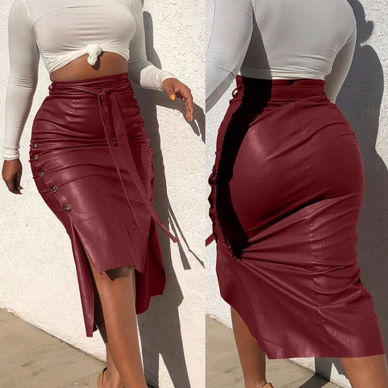 Women Simple Solid Color Slit Slim Tie Mid-Length Pu Skirt