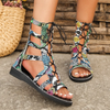 Women Fashion Vintage Snake Strap Round Toe Flat Hollow Roman Sandals