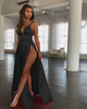 Sexy Women Elegant Solid Color Satin Spaghetti Strap Defined Waist Side-Slit Maxi Party Dress